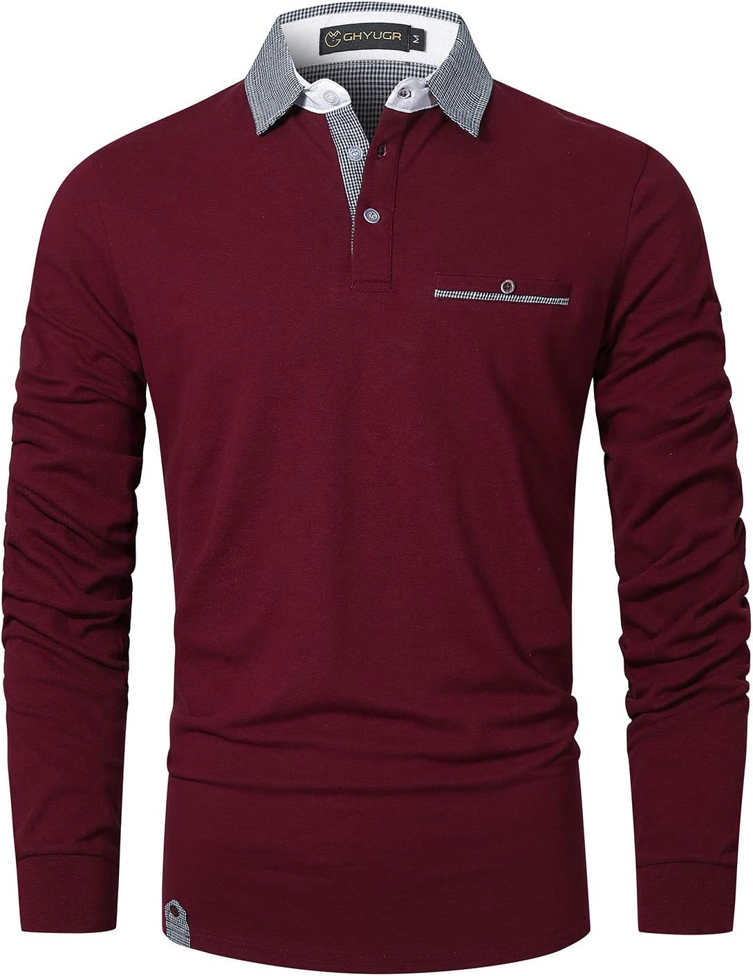 GHYUGR Men's Classic Plaid Splicing Long Sleeve Golf Polo Real Pocket Business Casual T-Shirt