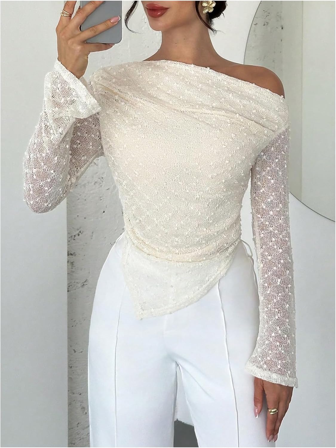 SHENHE Women's Elegant Off The Shoulder Sheer Long Sleeve Top Asymmetrical Ruched Going Out Shirt - Image 5