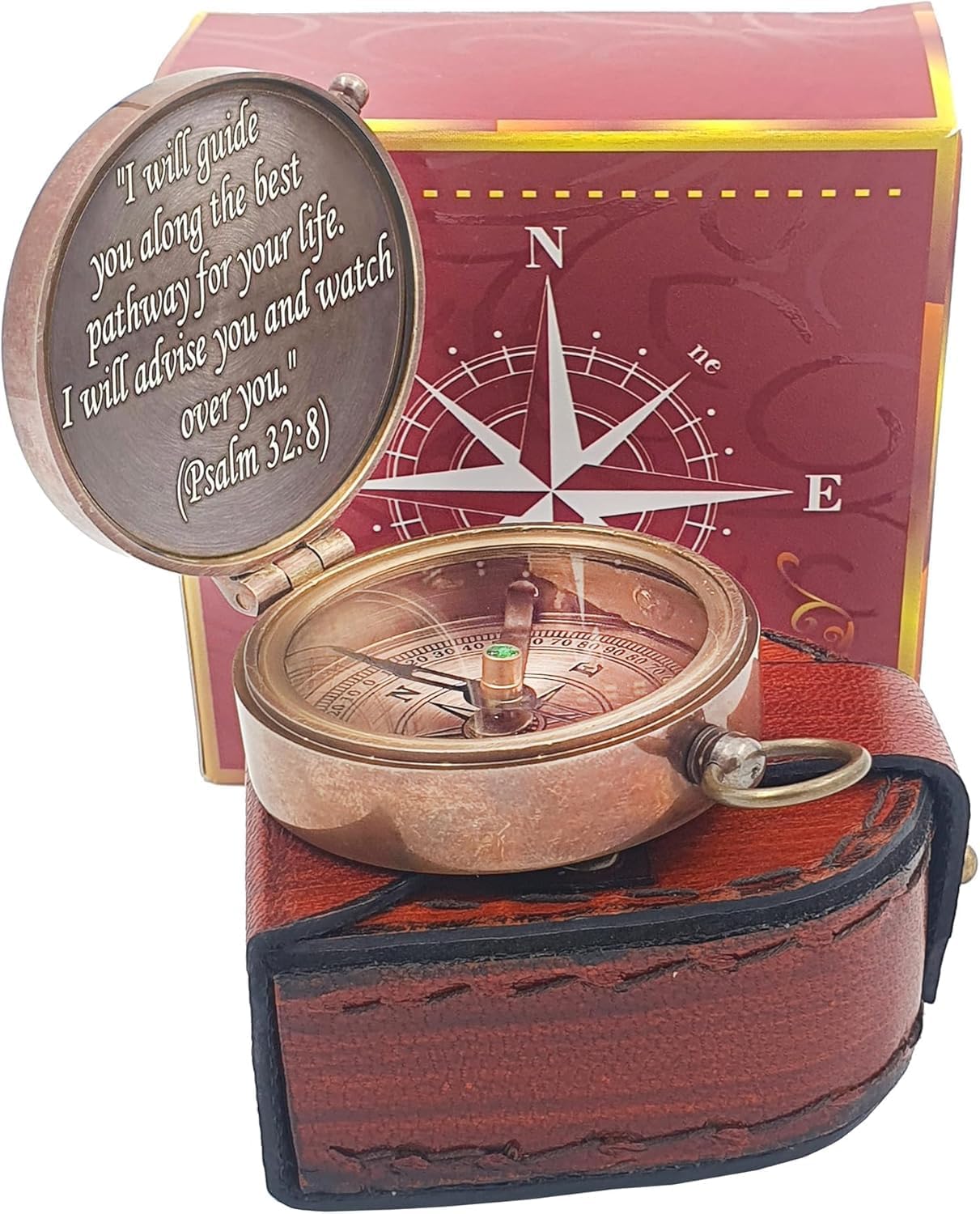 PSALM God's Path Compass - Engraved Working Handmade Antique Compass with Scripture - Religious, Christian, Catholic, Christening, First Communion, Confirmation Gifts for Teenage Men (Leather Box) - Image 9