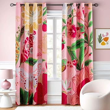 Tyrot Pink Coquette Floral Grommet Blackout Curtains, 52W x 96L, 2 Panels
