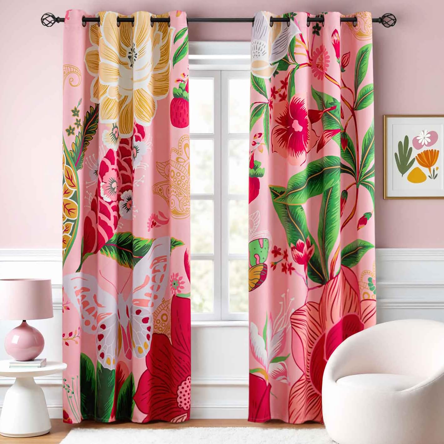 Tyrot Pink Coquette Floral Grommet Blackout Curtains, 52W x 84L, 2 Panels