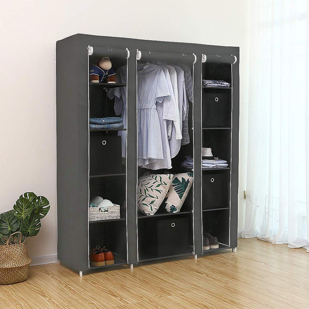 LANTUS Armario Tela Plegable– Guardar Ropa Organizador de Textil Tela Portátil con Cremallera y Barra de Armario per Colgar – Closet Estanteria Exterior(Gris, 172 * 134 * 43cm)