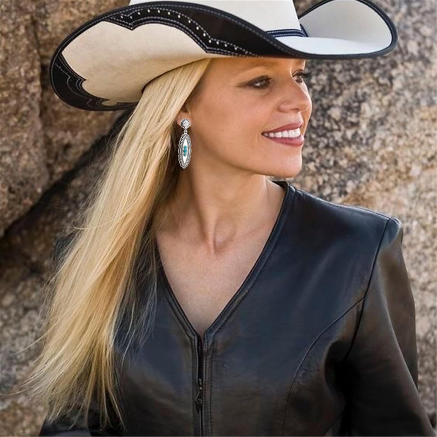 Handmade Turquoise Bohemian Dangle Earrings for Women Vintage Statement Silver Teardrop Earrings Turquoise Geometric Ethnic Earrings Vintage Country Western Jewelry - Image 3