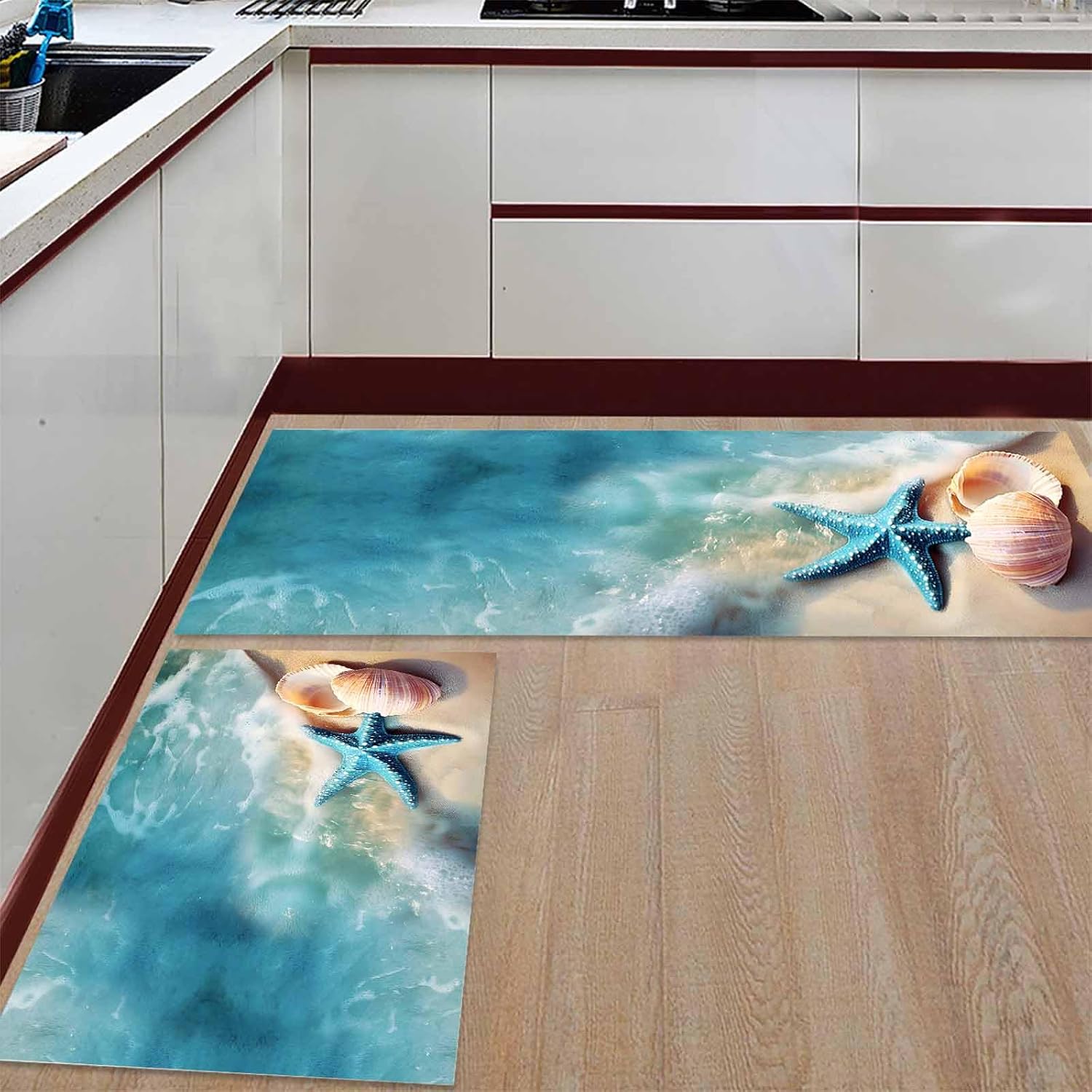 2 Pieces Kitchen Rugs and Mats,Summer Beach Starfish Shell Area Runner Rug Set Non Slip Floor Doormat Washable Carpet Standing Mat for Kitchen Sink Indoor Corridor,Coastal Ocean Sea Wave Marine Life