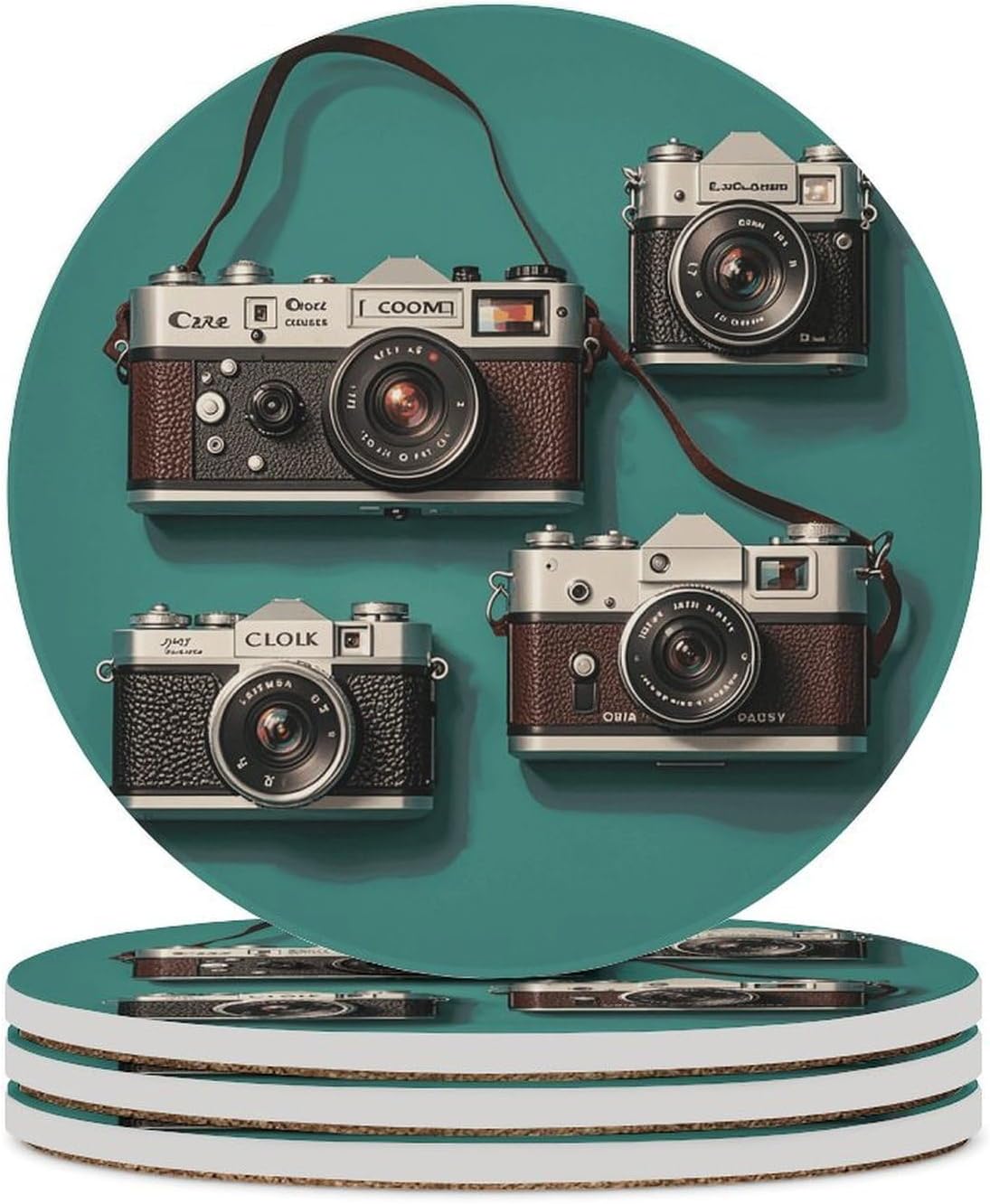 4PCS Coasters for Drinks Ceramic Coffee Coasters with Cork Backing Personalized Retro Cool Camera Collection Round Funny Coaster for Table Protection Coffee Table Decor
