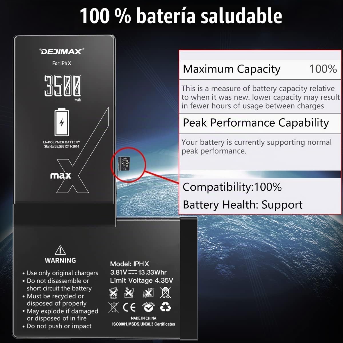 Batería para iPhone X, 3500mAh Alta Capacidad Batería para iPhone X con Kits de Herramientas de Reparación,2 Años de Garantía