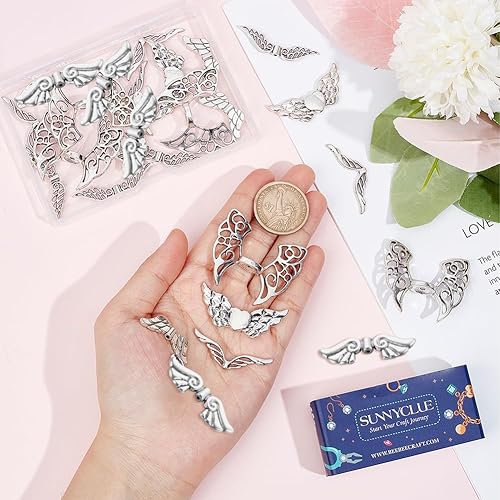 Miniatura 4 de SUNNYCLUE Abalorios de ala de ángel 1 caja, 36 piezas, 6 estilos, cuentas de aleación de alas de hadas para hacer joyas, manualidades, pulseras,