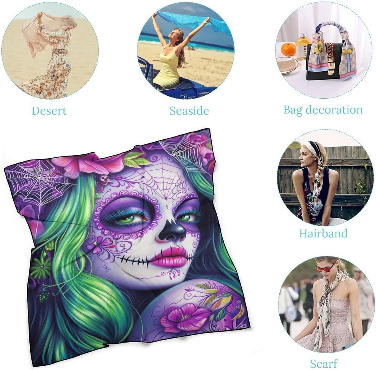 Day of The Dead Skull Woman Bandana Fashion Head Scarf Square Silk Scarf Print Neck Hair Scarfs for Women Men Gifts