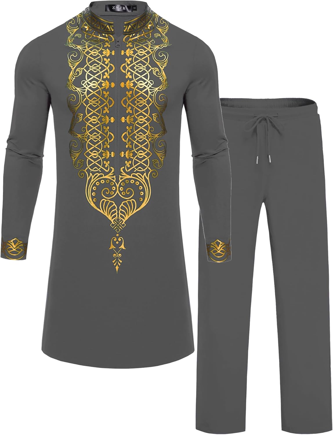 Mens African 2 Piece Set Half Zipper Nigerian Dashiki Metallic Shirt and Pants Outf...