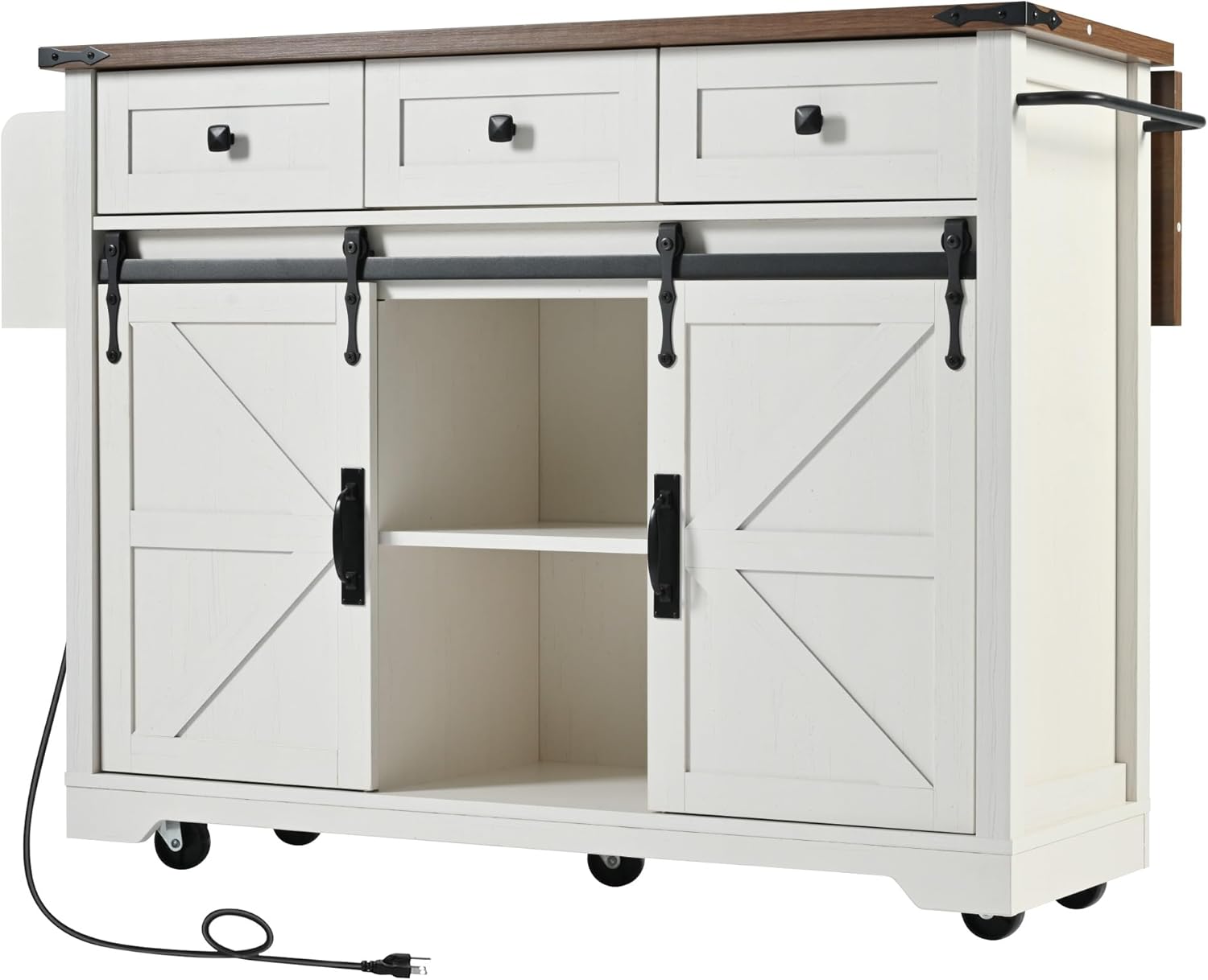 53.8" Farmhouse Kitchen Island with 2 Sliding Barn Door, Storage Island with 3 Drawers, Drop Leaf, Power Outlet & Spice Rack, Rolling Kitchen Cart on Wheels for Home Dining Room (White)