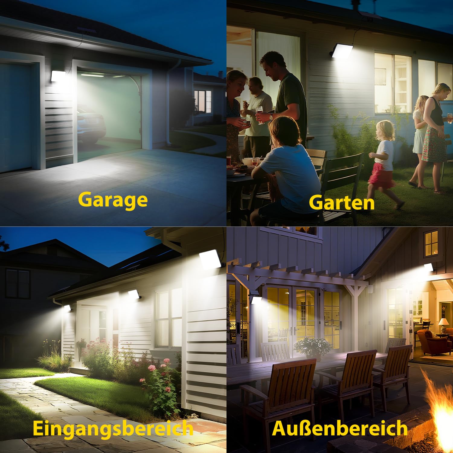 kolpop 4 confezioni di faretti a LED per esterni, solari, con sensore di movimento, con telecomando, IP65, impermeabile, luce solare, 3 modalità, luce solare esterna, potente per giardino, cortile