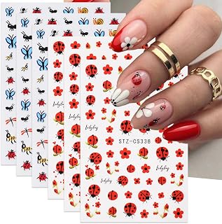 Summer Nail Art Stickers Decals 3D Ladybug Insect Nail Stickers Summer Nail Art Decoration Supplies 6PCS Kawaii Cartoon Animal Bee Ant Design 3D Self-Adhesive Nail Decals Manicure Sliders for Women