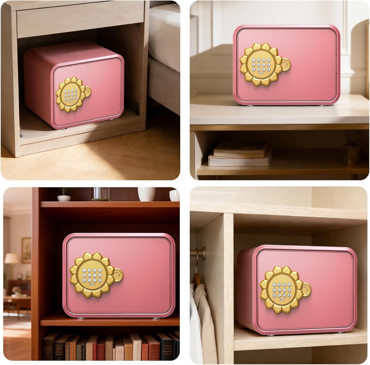 Pink Sunflower Mini Steel Safe with Auto Door & Coin Slot, Small Safe Box for Cash, Jewelry, Personal, Cosmetics & Goal Savings, for Kids, Teens & Renters, Home, Office, Hotel Use