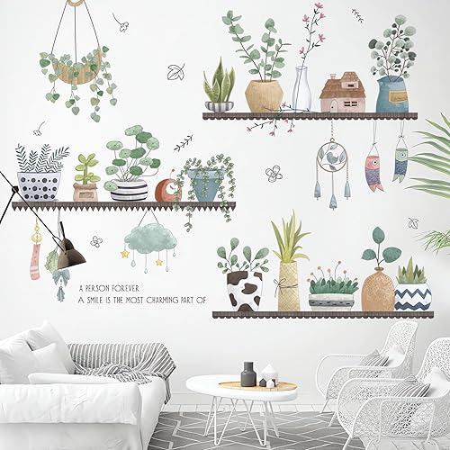 Miniatura 3 de Calcomanías de pared en maceta con plantas verdes frescas, hojas de sacinora para jardín, calcomanías de pared extraíbles de vinilo para despegar y