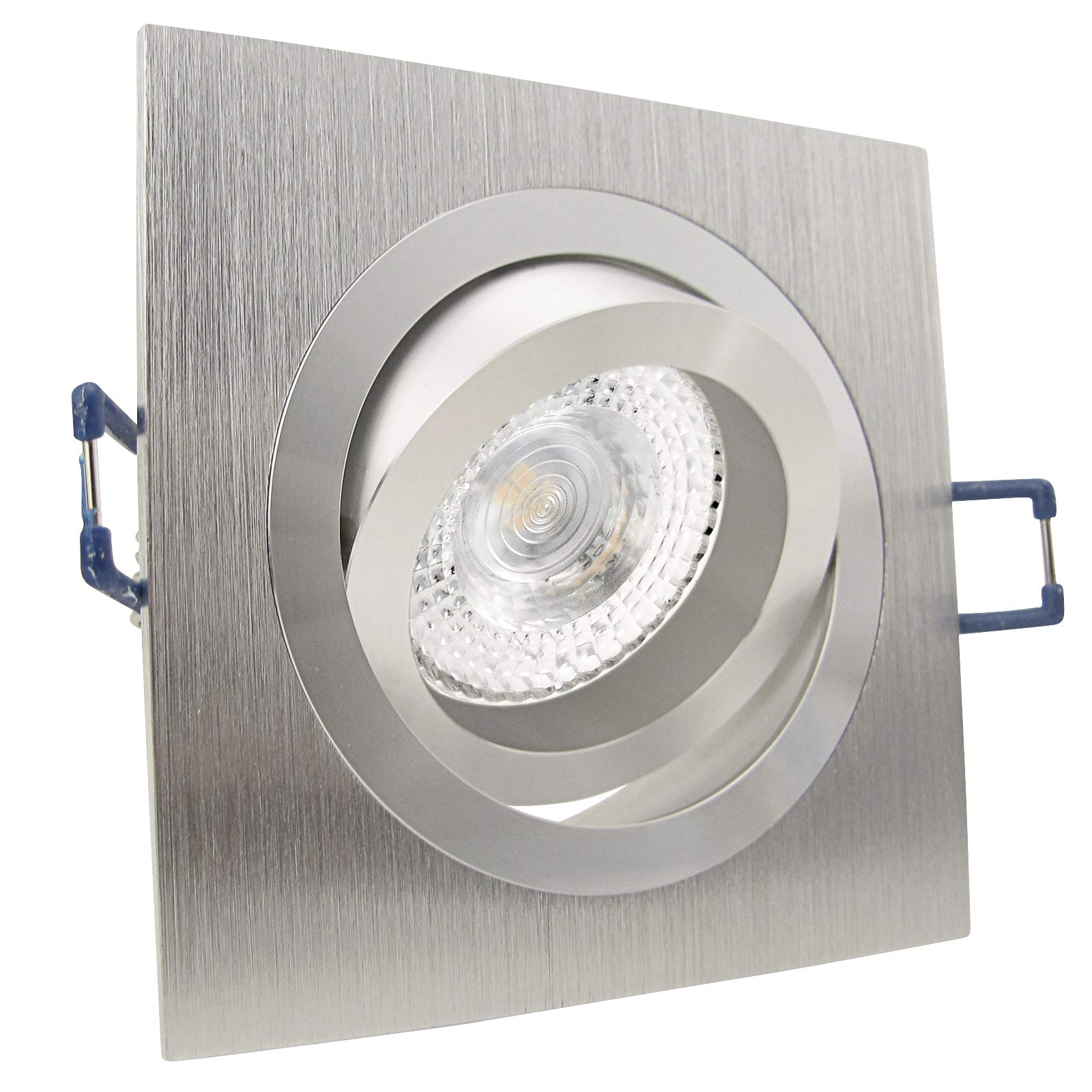 trendlights24 Noble LED Einbaustrahler 230V Alu Silber eckig GU10 10er Set | Decken Einbauleuchten, LED-Spots, 4W, Warmweiß, Abstrahlwinkel 120°, Leuchtmittel austauschbar, Deckenspots, schwenkbar