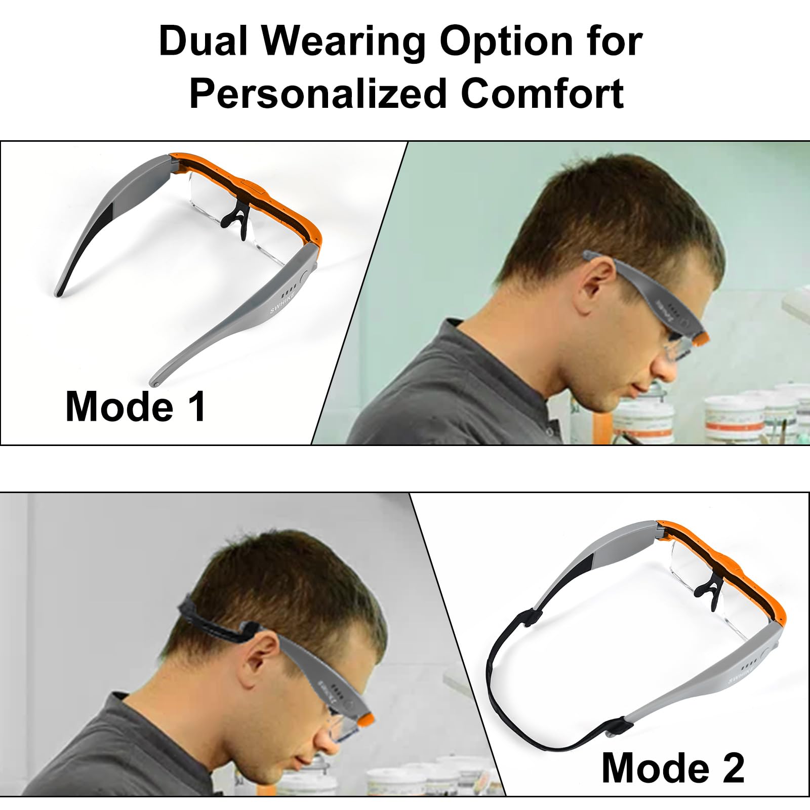 Lupe mit Licht, freihändig, wiederaufladbares Headset mit 5 abnehmbaren Gläsern für enge Arbeiten, Lesen, Schmuckherstellung (Orange und Grau)