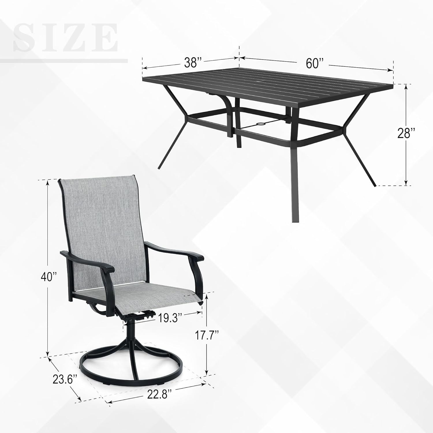 Anmutig 7-Piece Outdoor Dining Set, 6 Swivel Patio Chairs & 60'' Rectangular Dining Table with All Weather Frame Furniture Set - Grey Style1