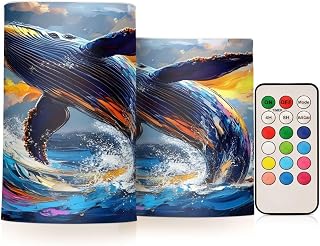 Oil Painting Whale Fish Flickering Flameless Candles LED Candles with Remote Timer Battery Operated Candle for Indoor Outdoor Party Holiday Home Decor 2 Pack