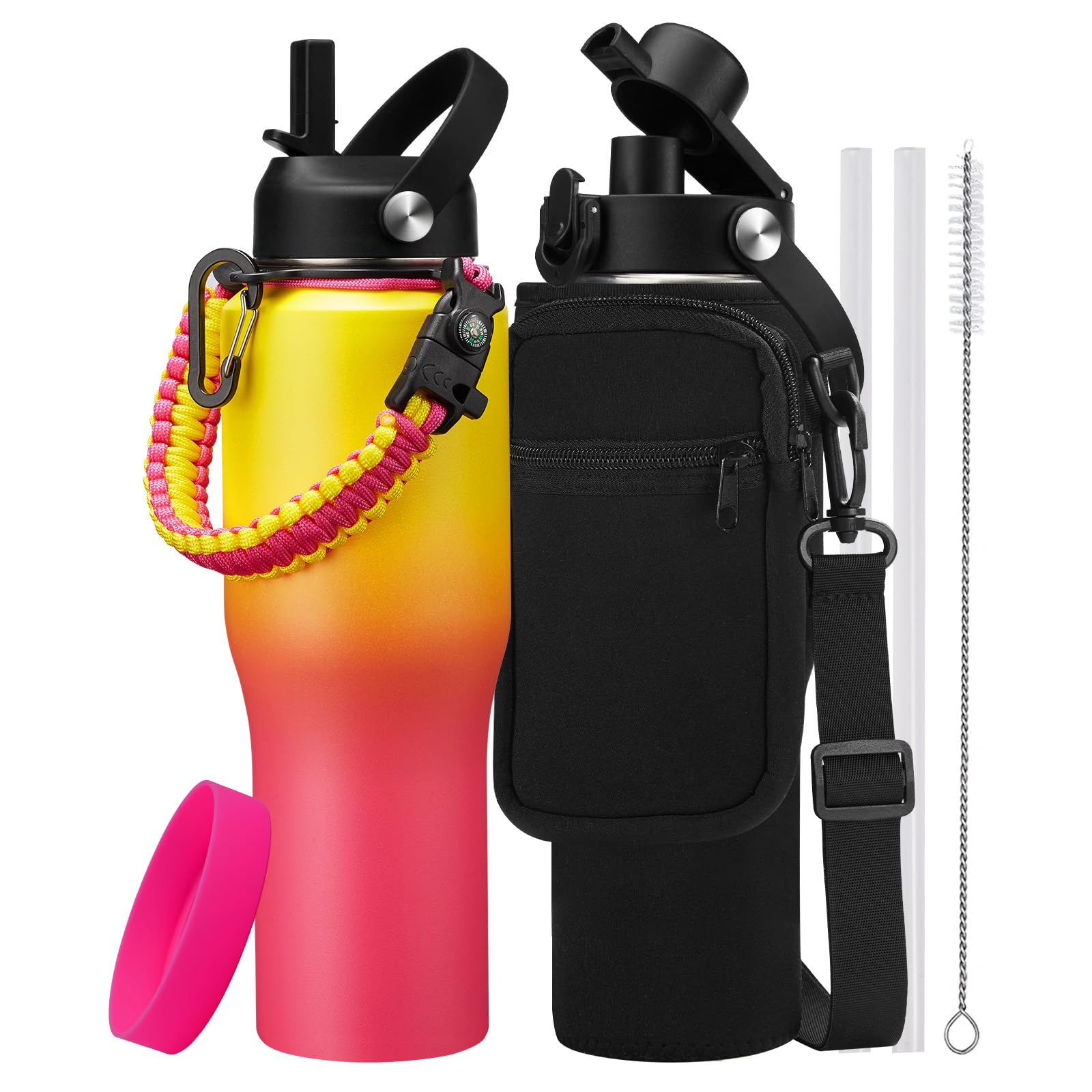 RRYFOUR Water Bottle with Straw - 32 40 OZ Water Bottle that Fits in any Car Cup Holder, Water Flask with Straw & Spout Lids, Paracord Handle,