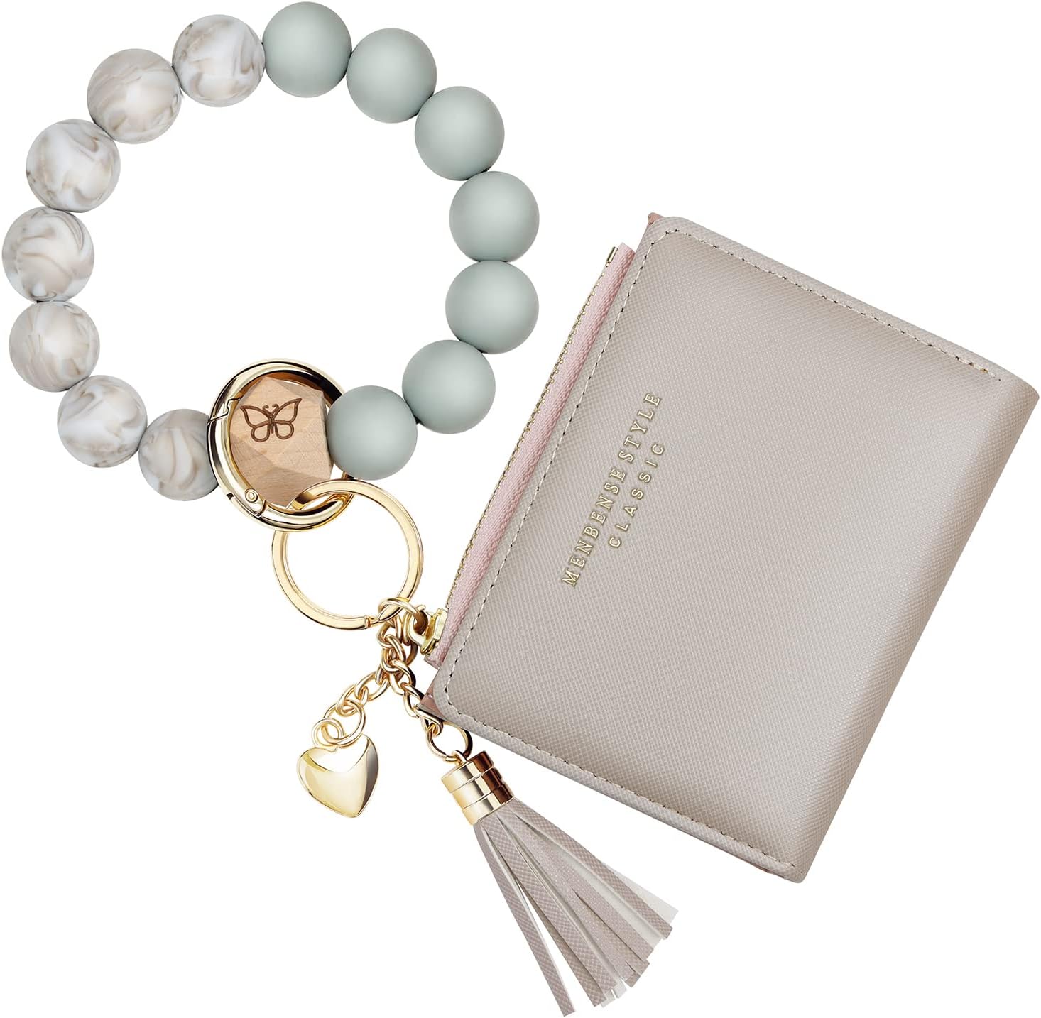 Keychain Bracelet Wristlet with Wallet Card Holder Pocket,Tassel Keychain Bangle Key Ring for Women