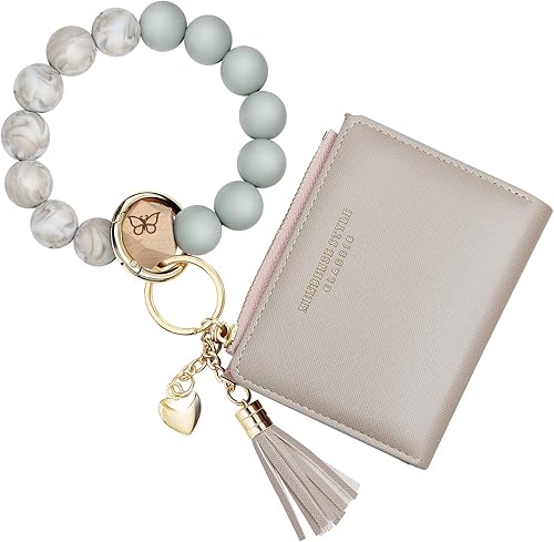 Pulsera llavero de muñeca con bolsillo porta tarjetas y billetera, pulsera llavero con borla y anillo para llaves para mujeres