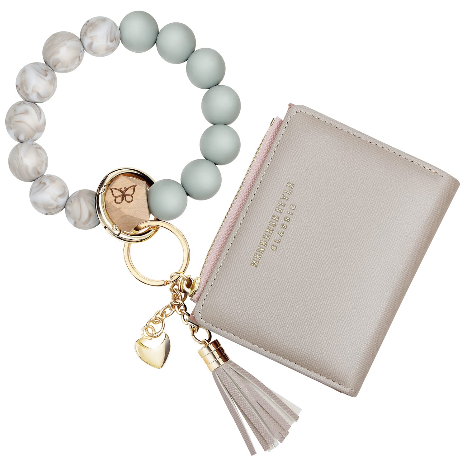 Manlosen Keychain Bracelet Wristlet with Wallet Card Holder Pocket,Tassel Keychain Bangle Key Ring for Women, White, Large