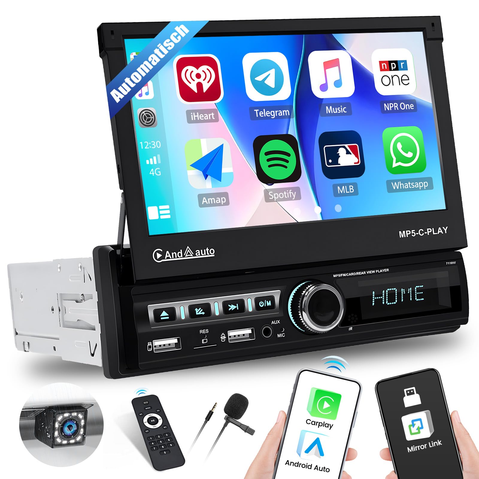 Autoradio 1 Din Bluetooth 5.0 SIXTOP Avec Support Téléphone - Radio FM, MP5, Éclairage 7 Couleurs, Commande Volant, USB/TF/Aux - 3