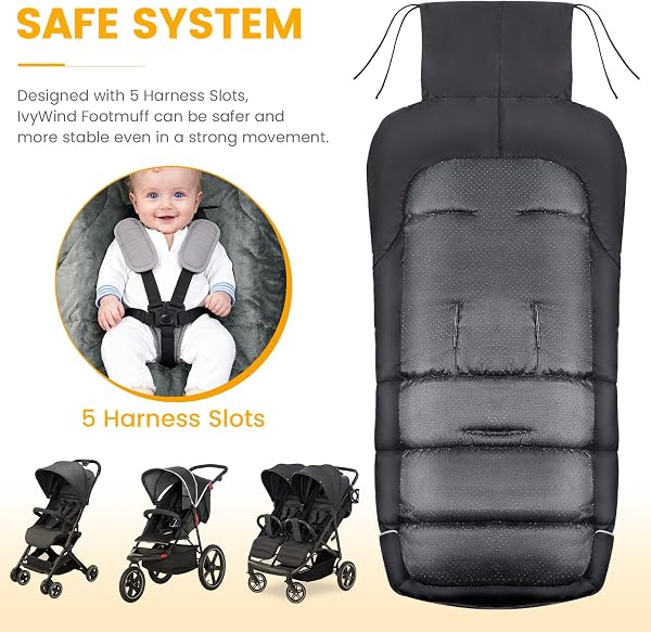 IvyWind Stroller Footmuff Universal, Warm Stroller Cover for Winter, Waterproof Baby Stroller Bunting Bag, Toddler Stroller Winter Sack for Cold Weather, Black - 5