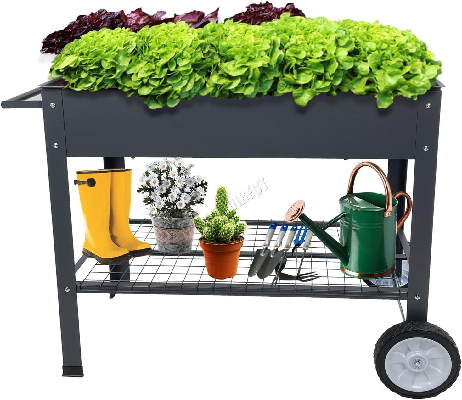 BIRCHTREE Outdoor Indoor Large Moving Mobile Plants Flower Vegetables Grow Raised Garden Metal Bed Trolley Elevated Planter Holder Box with Bottom Storage Shelf On Wheels Herb Planting Pot Grey
