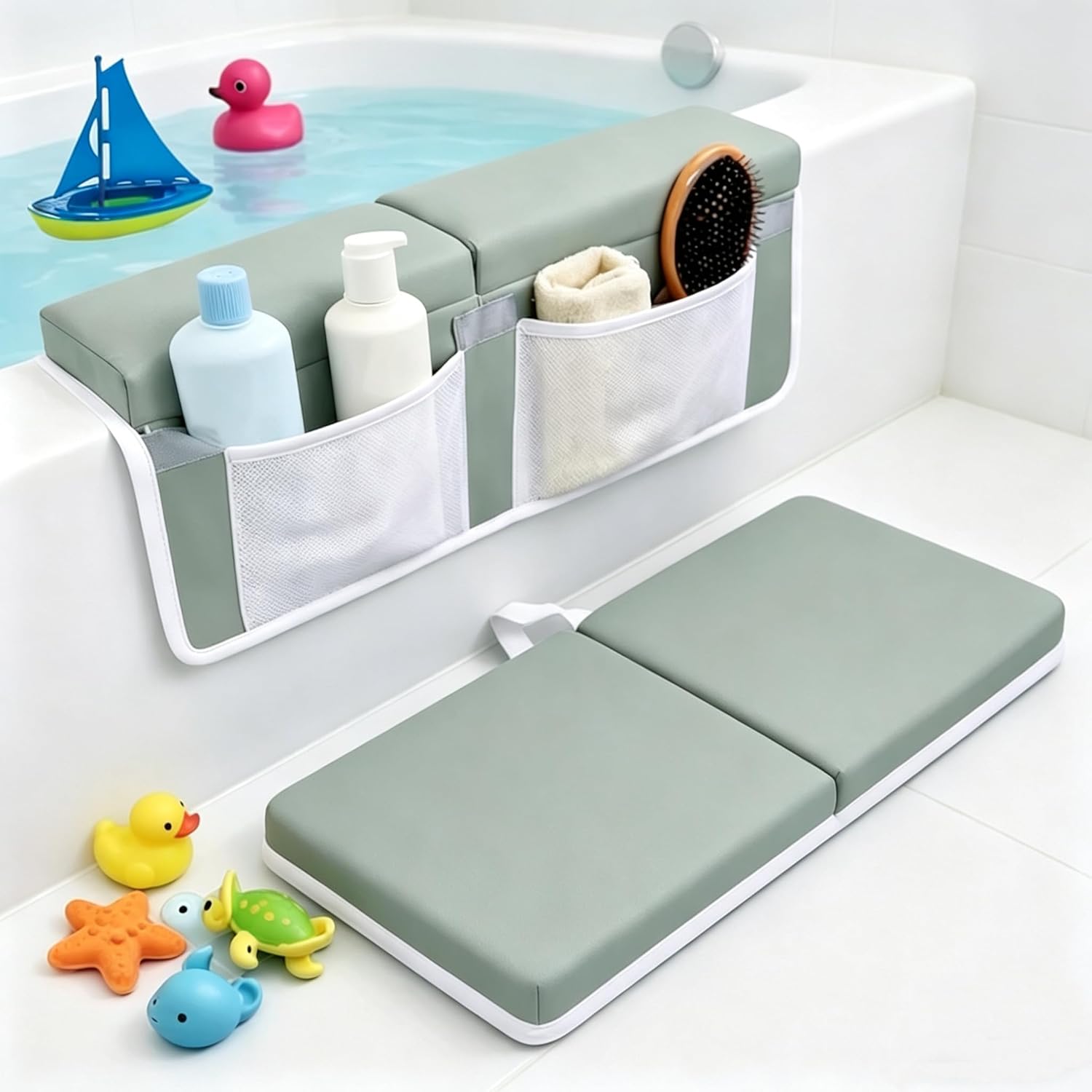 Bath Kneeler and Elbow Rest Pad Set,Quick Dry Soft Kneeling Pad,Baby Bathtub Cushion with Toy Organizer for Bathing Infant or Toddler - Grey Green