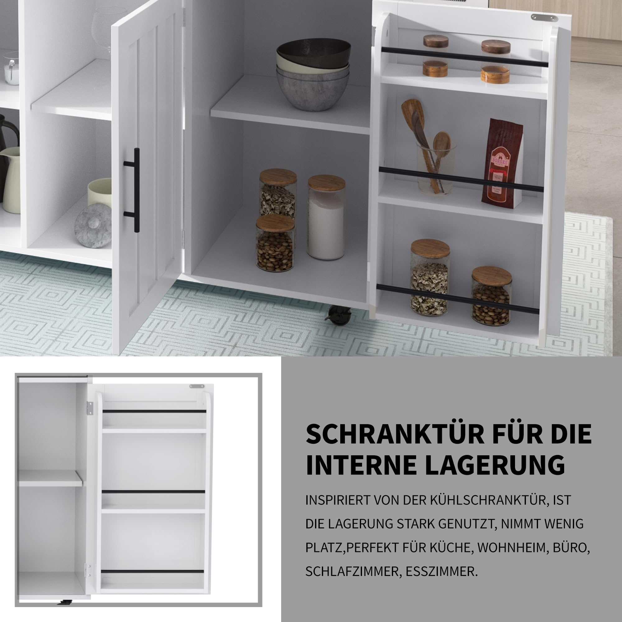 Mobile Kücheninsel mit Handtuchhalter, Küchenrollwagen mit Ausklappbarer Arbeitsplatte für Esszimmer, Wohnzim, Küchenwagen mit Rollen, Beine aus Massivholz, Austauschbar, Weiß