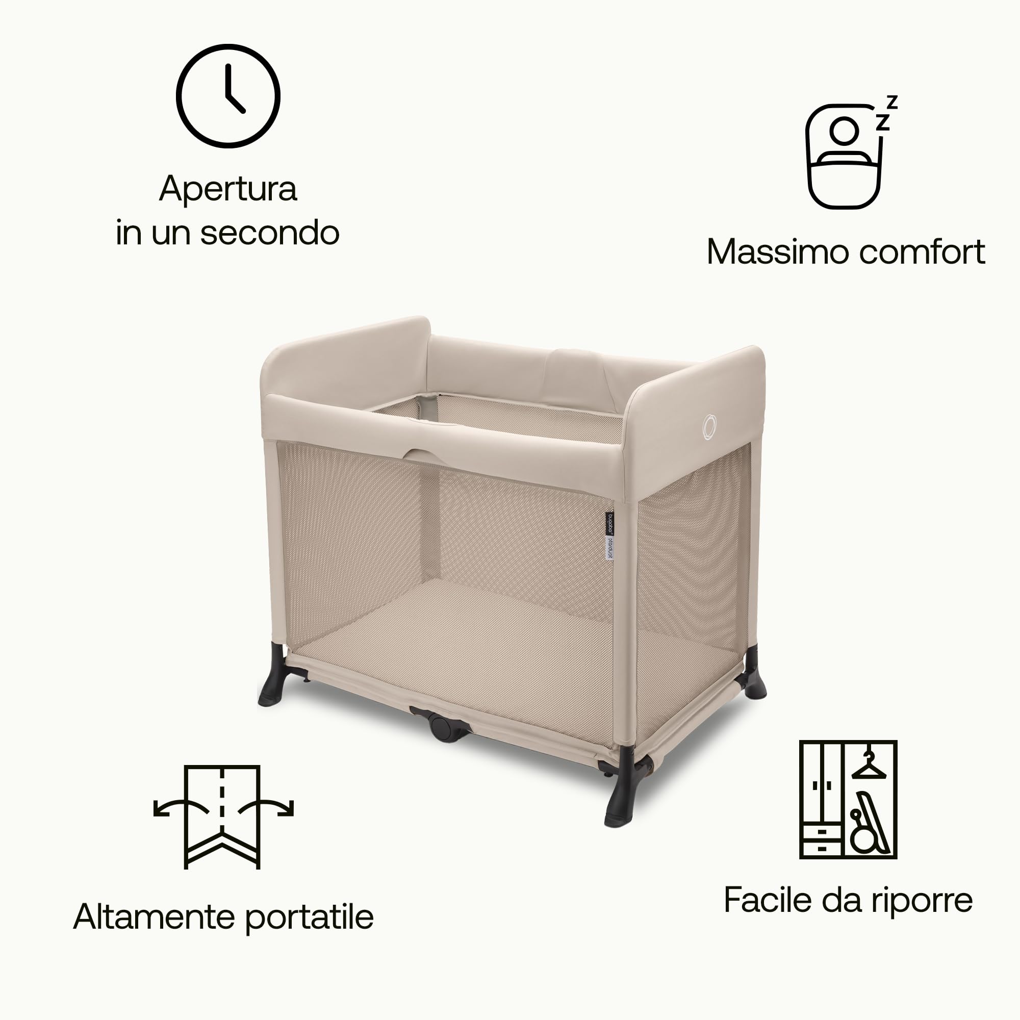 Bugaboo Stardust, 2 in 1: Parco giochi pieghevole e lettino da viaggio compatto con materasso, distribuito in 1 Secondo, Borsa da trasporto, Dai neonati ai bambini piccoli, Desert Taupe