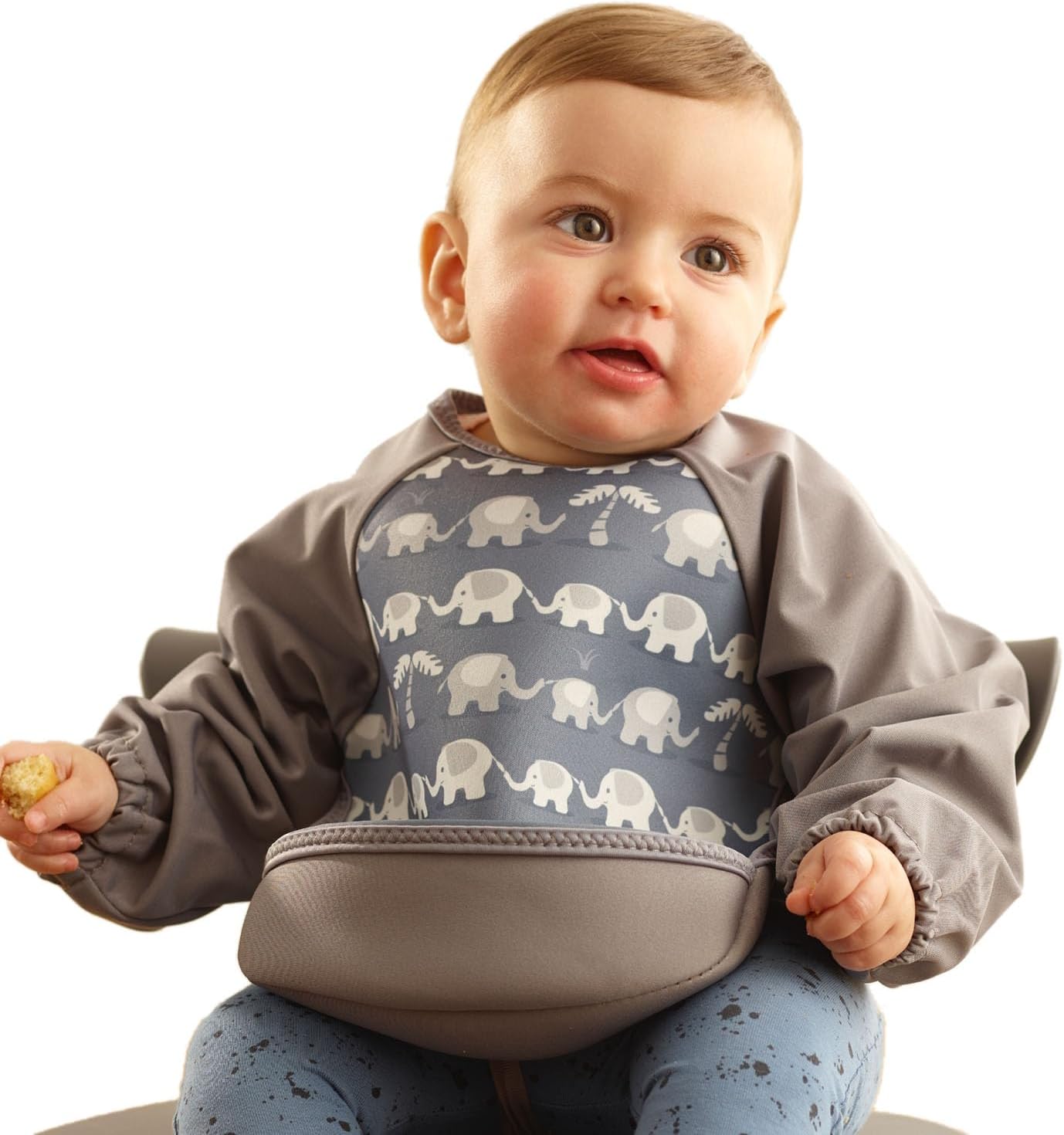 – Bibetta Ultrabib - Weaning bib with sleeves - Premium Neoprene for Comfort - Waterproof Baby bibs with Crumb Catcher Pocket for Feeding Toddler & Babies - Roll Up and Machine Washable (Grey Elephants)