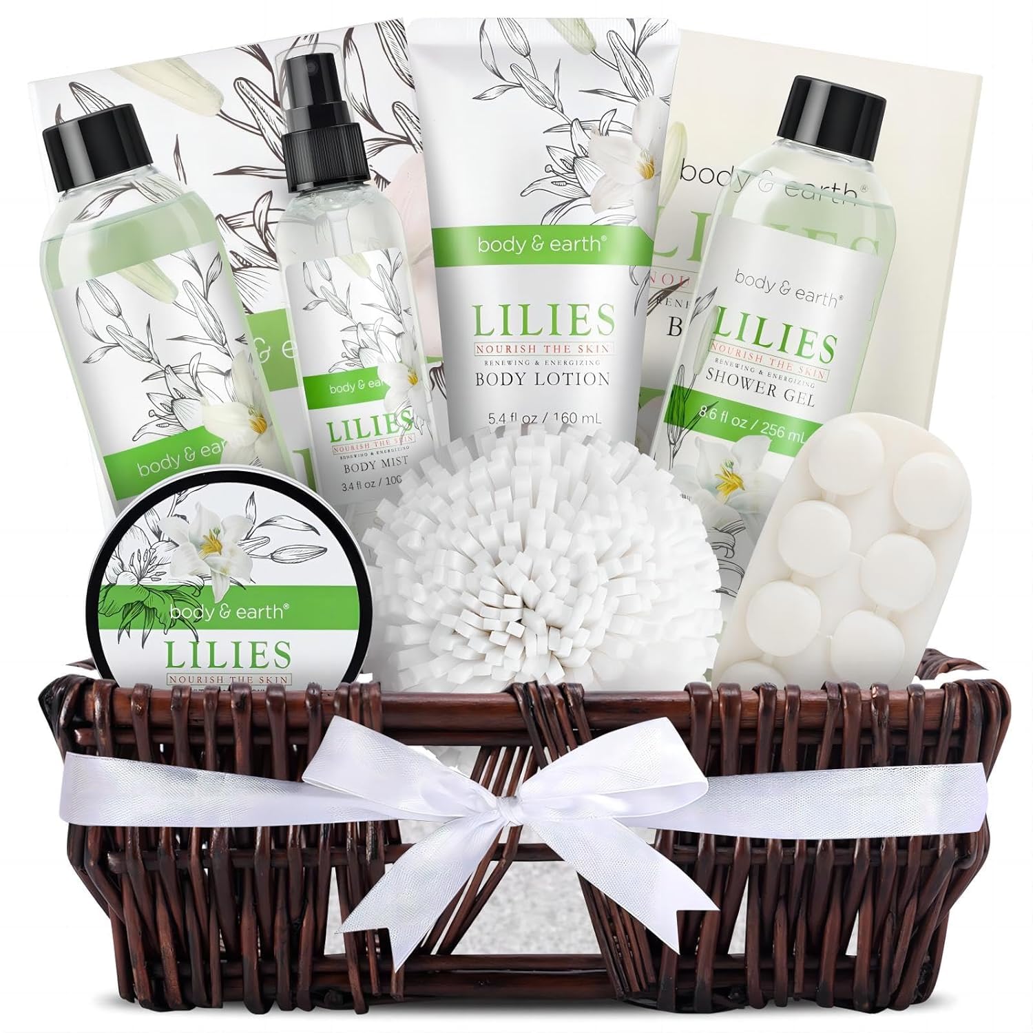 Body & Earth LILIES Spa Gift Baskets For Women Body & Earth 10pcs Spa Gifts, Lily Gift Baskets Gift Set with Bubble Bath, Body Lotion, Christmas Gift-image-17