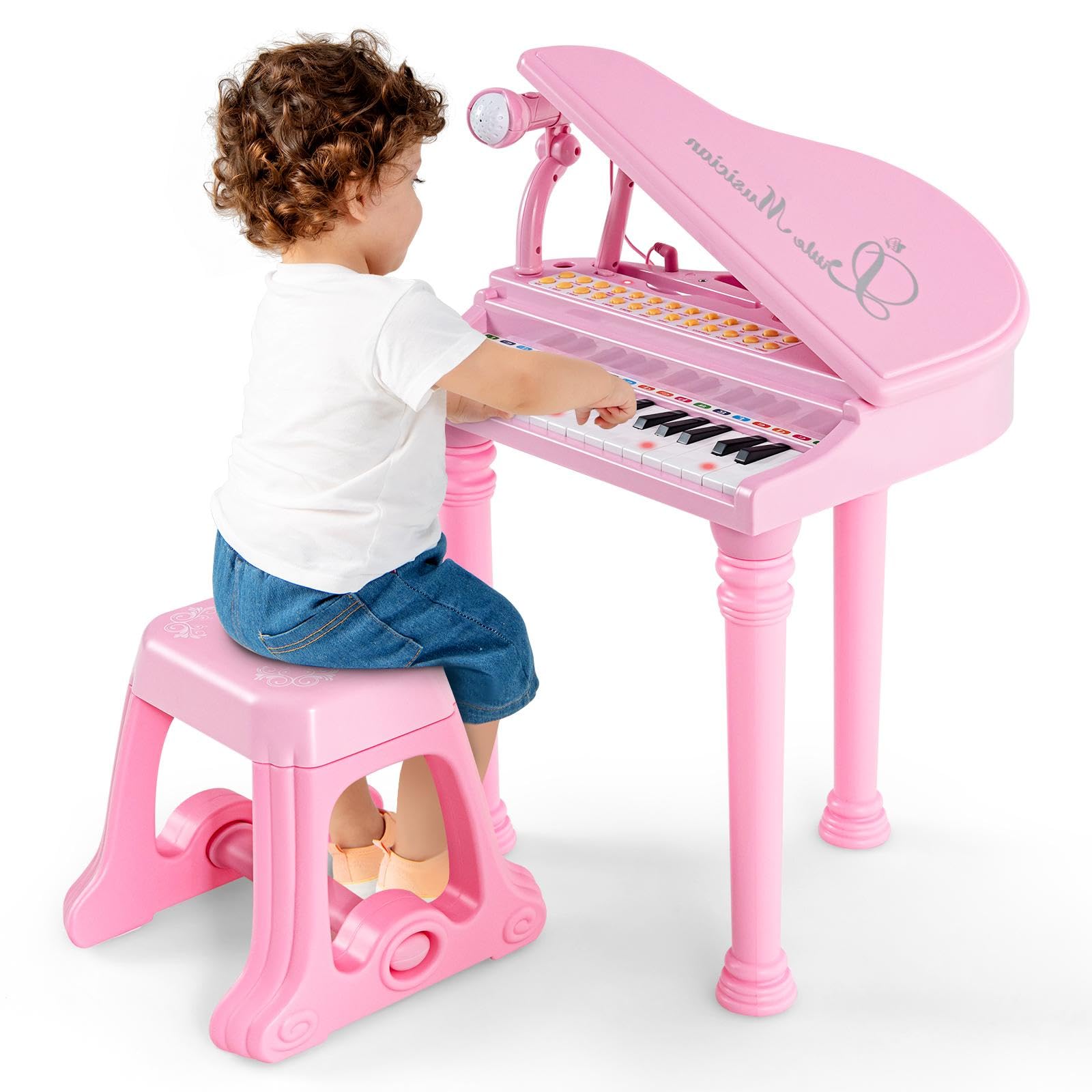 31 Keys Kids Piano and Stool Set, Kids Electronic Keyboard with Microphone, LED Teaching Mode and Record Playback, Toddlers Musical Instrument for Boys Girls 3+ Years Old (Pink)