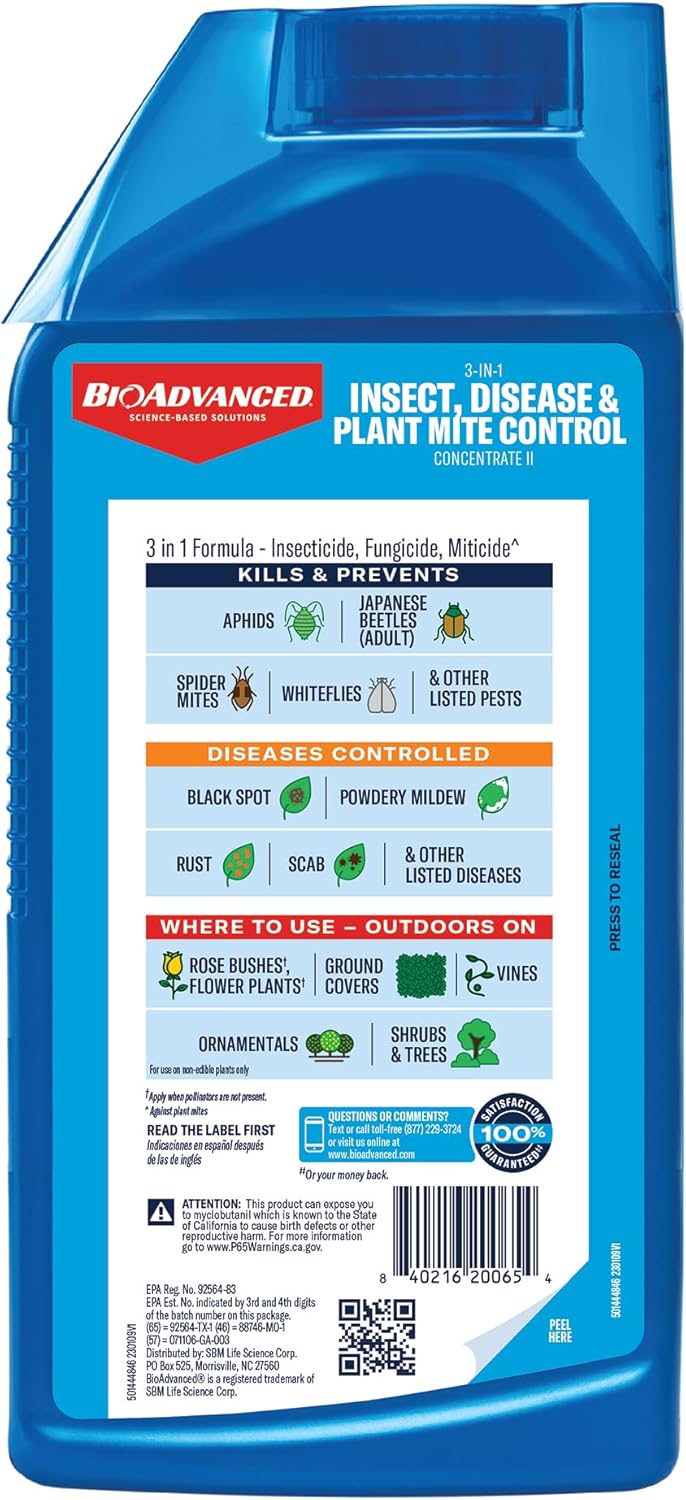BioAdvanced 3 in 1 Insecticide & Fungicide for Plants, Disease & Plant Mite Control, Concentrate, 32 FOZ
