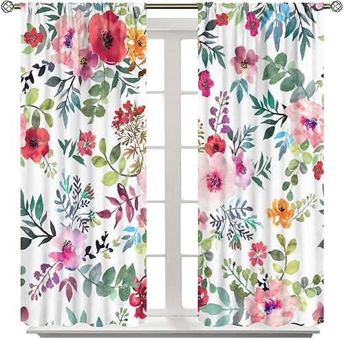 Miniatura 569 de Retro 70s Floral Blackout Window Curtains, Watercolor Flower Plant Rustic Modern Style Pattern Window Drapes, for Bedroom Living Room 42x45in 2