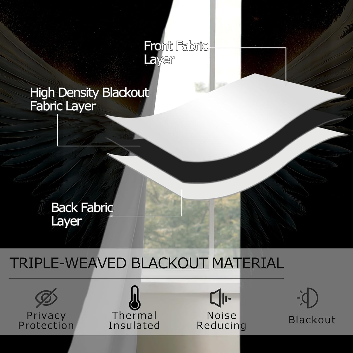 Angel Wing Curtains Blackout, 63 Inch Curtains 2 Panel Set, Room Darkening Thermal Insulated Grommet Drapes for Bedroom Living Room, Aesthetic Black and White Feather Patterned Window Treatments