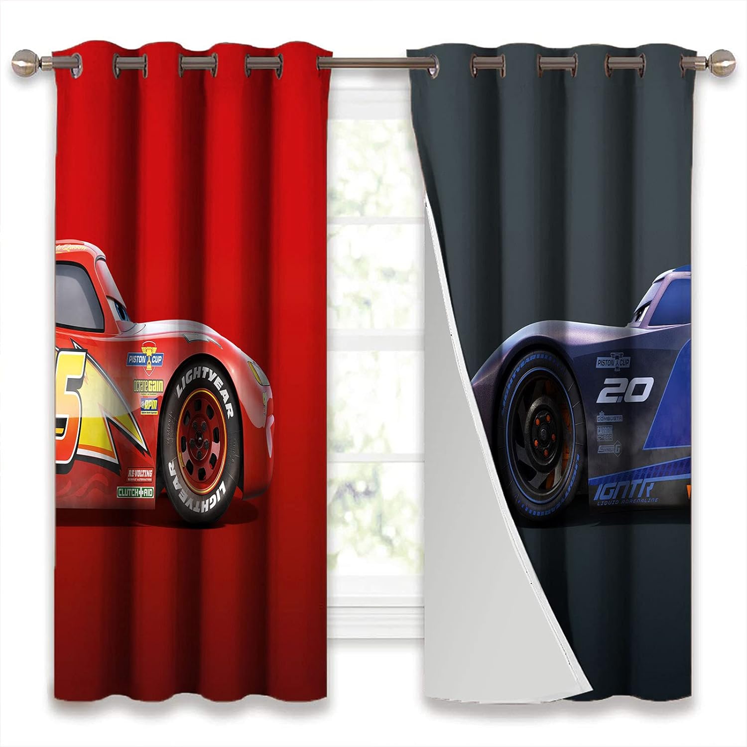 Exclusive Discount 🔥 Thermal Insulated Curtains Blackout Draperies Anime Cartoon Movie Car Competition Red and Gray Background Drapes for Kid's Room,HSERNED W72xL84 Inch