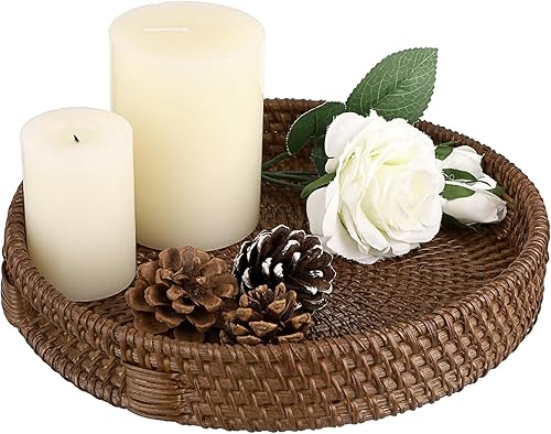 Hipiwe Bandeja redonda de ratán con asas, bandeja decorativa tejida para mesa de café, pequeña bandeja otomana de mimbre para servir desayuno,