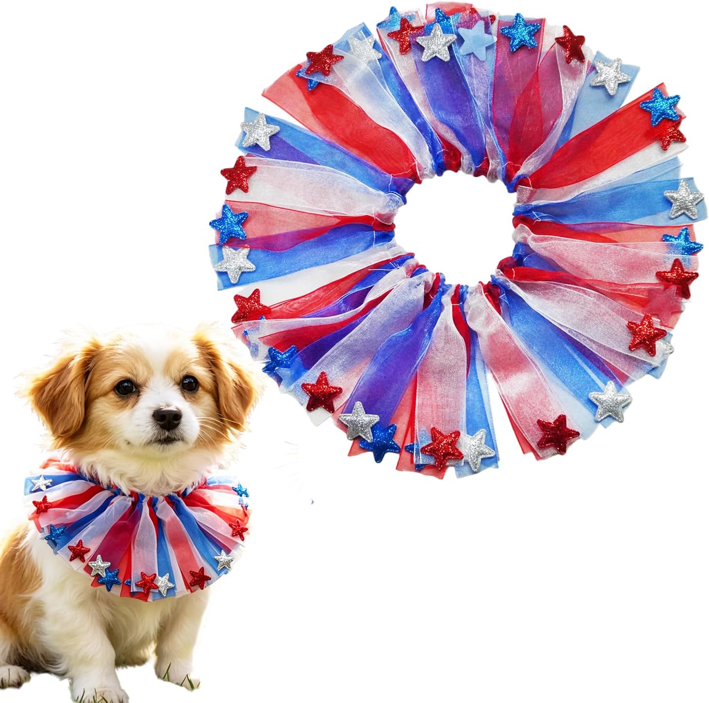 Small Pet Collars 4th of July Dog Tulle Collar, Adjustable Red Blue White Ruffle Collar USA Theme Party Collars for Small and Medium Pets Independence Day Costume (Red White Blue, Large)
