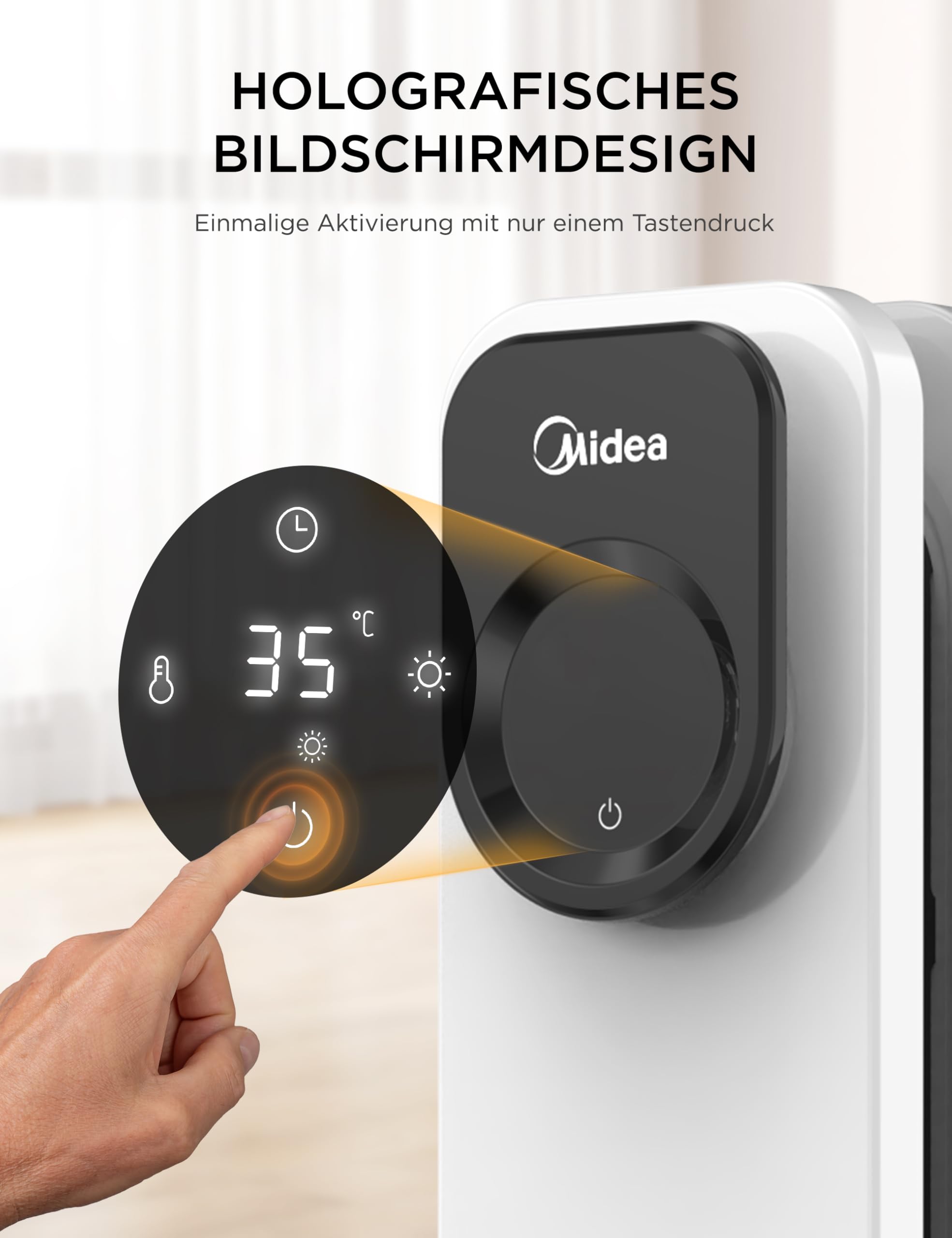 Midea NY2009-24UR Oelradiator, 2000W, 9 Rippen, mit Fernbedienung | 4 Modi, LED-Touchscreen, Thermostat, Kipp- & Ueberhitzungsschutz, 24H Timer, Leise