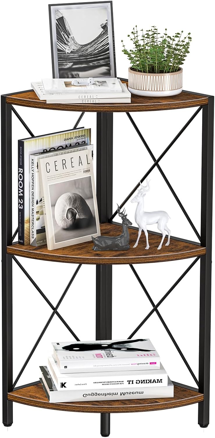 Snughome Corner Shelf with Metal Frame, 3 Tier Rustic Corner Storage Organizer, Freestanding Corner Bookshelf Stand Display Rack for Kitchen, Living Room