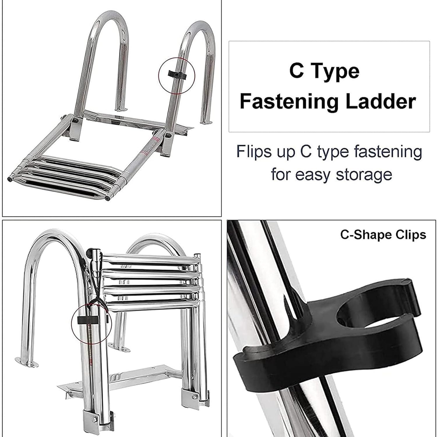 4 Steps Stainless Boat Ladder Folding Docking Ladder Dock Swim Step Ladder Swim Deck Ladder Rear Entry with Pool Swim Upper Platform & Extra Wide Step