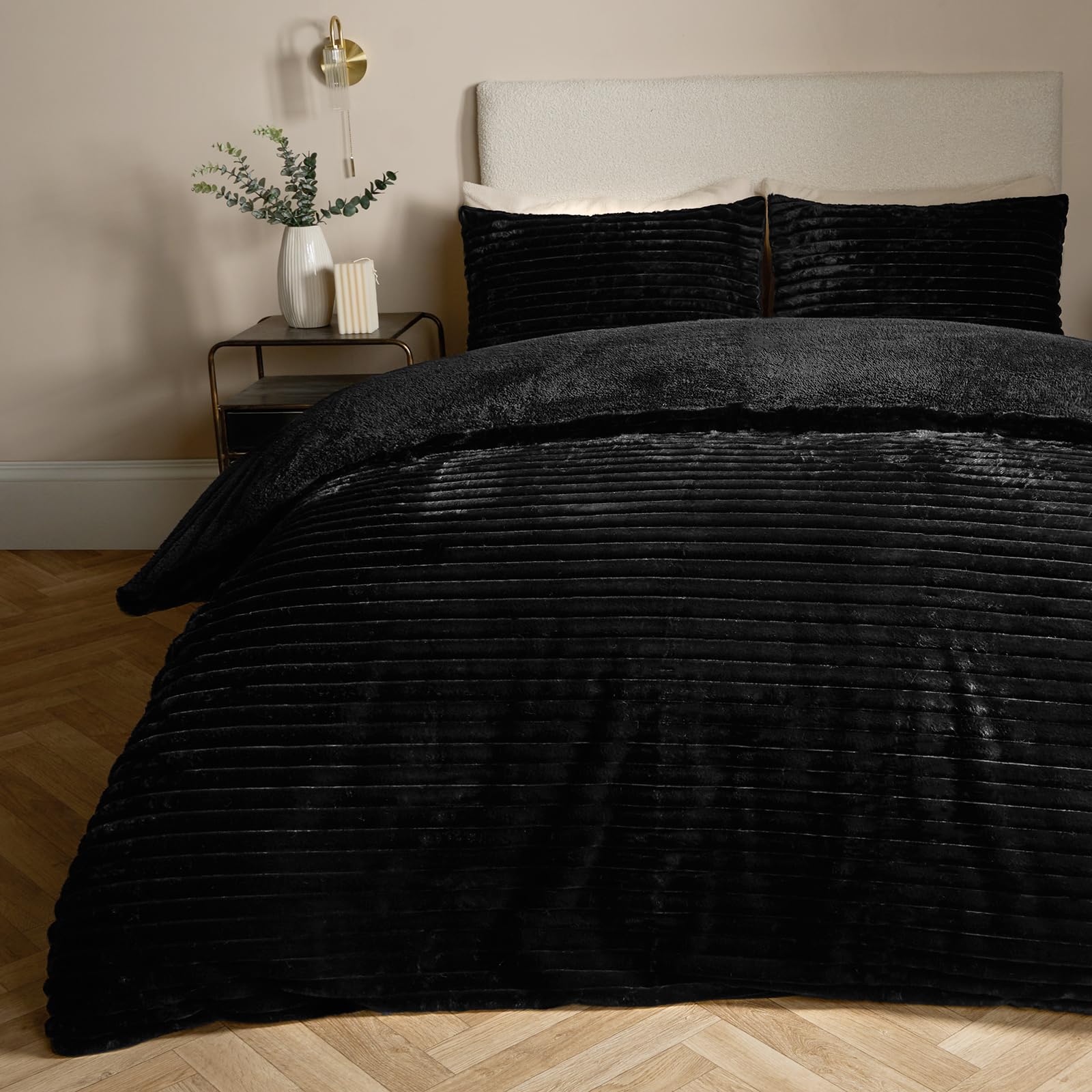 OHS Ribbed Faux Fur Duvet Cover Set - Black - Double Size - Teddy Fleece - Winter Warm