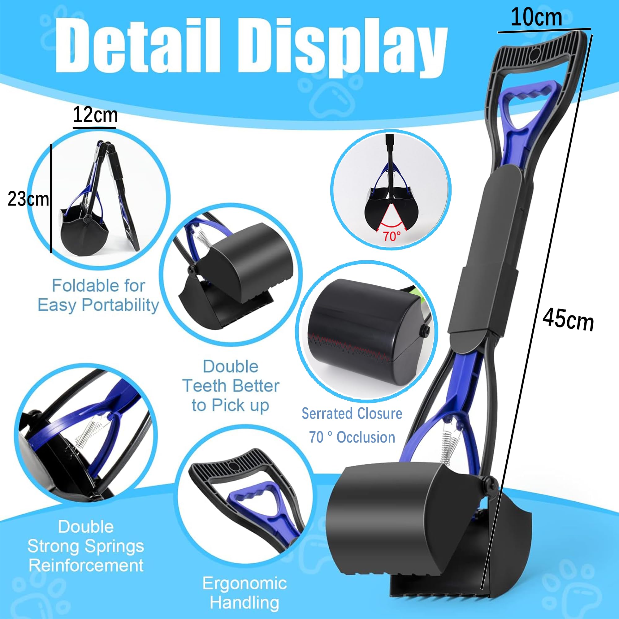 Pelle à Déjections, 45cm Ramasse Crotte pour Chien avec Long Manche Solide Pince Dentelée, Pliable Nettoyage Pickup déjections Canines Clip pour Chien et Chat Animal, Déchets(Bleu)