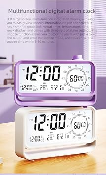 Digital Alarm Clock Night Light Visual Timer, LCD Time Reminder with 3 Alarms, Snooze,Temperature Display, Ideal for Family Education Teaching and Time Management Gifts for Kids (Purple)