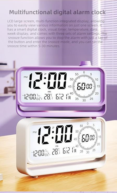 Digital Alarm Clock Night Light Visual Timer, LCD Time Reminder with 3 Alarms, Snooze,Temperature Display, Ideal for Family Education Teaching and Time Management Gifts for Kids (Purple)