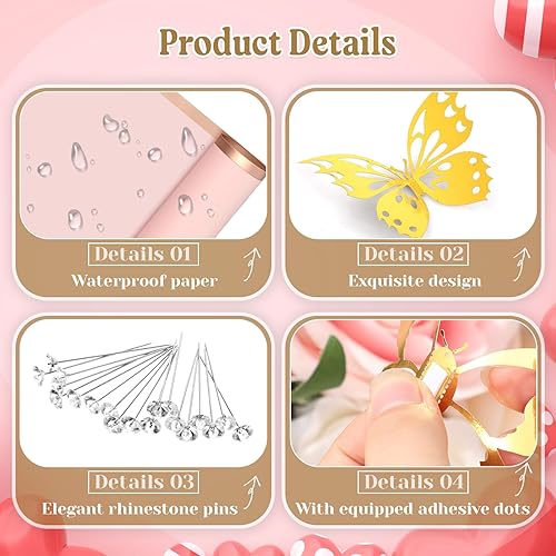 Miniatura 3 de Yeaqee 60 hojas de papel de regalo de flores con 200 alfileres de ramo, 48 piezas de mariposas doradas en 3D, decoración para festivales, bodas,