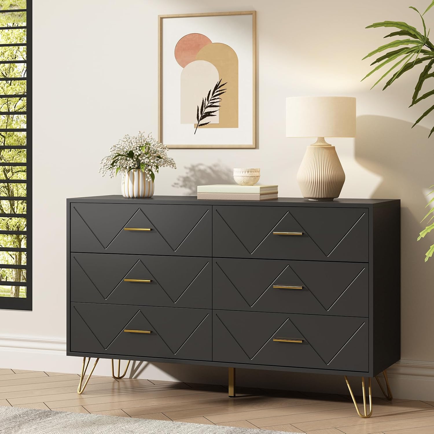 6 Drawer Black Dresser for Bedroom, Modern Chest of Drawers with Deep Drawers,Wood Dresser with Gold Metal Handles for Bedroom, Living Room, Hallway